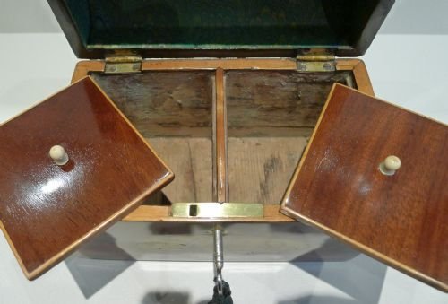 fig 1. Rare English Georgian Dome Top Mahogany Tea Caddy With Fan & Britannia Inlay c.1800