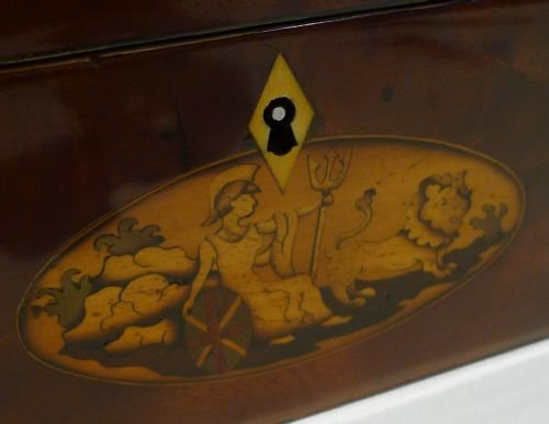 fig 2. Rare English Georgian Dome Top Mahogany Tea Caddy With Fan & Britannia Inlay c.1800