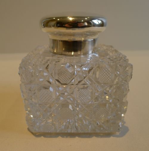 Huge Antique English Cut Crystal and Sterling Silver Inkwell - 1898