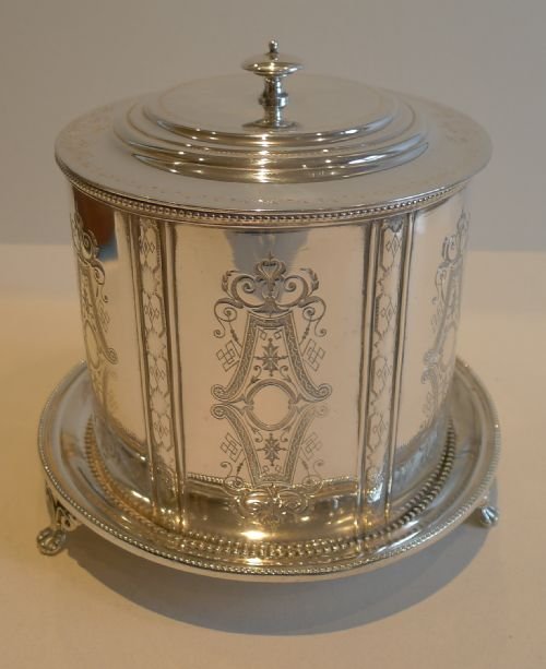 Antique English Engraved Silver Plated Biscuit Box C.1880