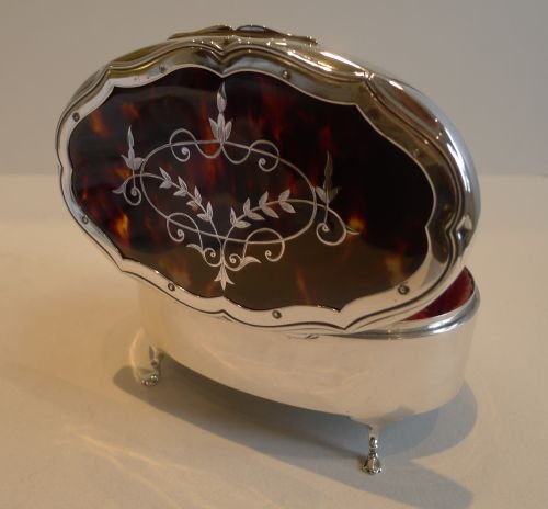 Large Sterling Silver & Tortoiseshell Jewellery Box - Pique Inlaid
