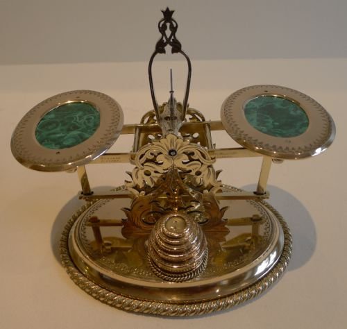 Magnificent Victorian Engraved Postal / Letter Scales - Malachite Stones - Signed