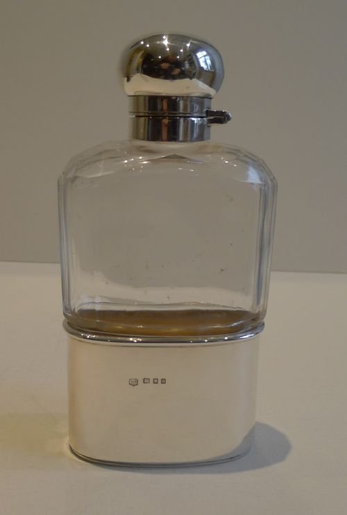 Handsome Large Antique English Glass & Sterling Silver Hip / Liquor Flask