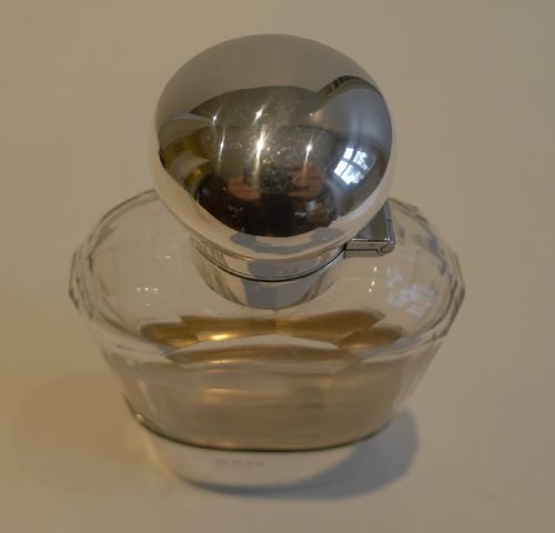fig 1. Handsome Large Antique English Glass & Sterling Silver Hip / Liquor Flask