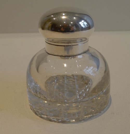 Antique English Sterling Silver Topped Cut Crystal Inkwell / Paperweight - 1899