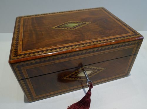 Beautiful Antique English Table or Desk Box - Tunbridge Inlaid Walnut C.1860