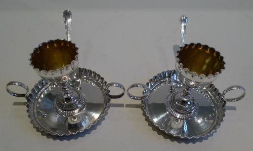 Pair Antique English Individual Egg Cruets with Spoons in Silver Plate