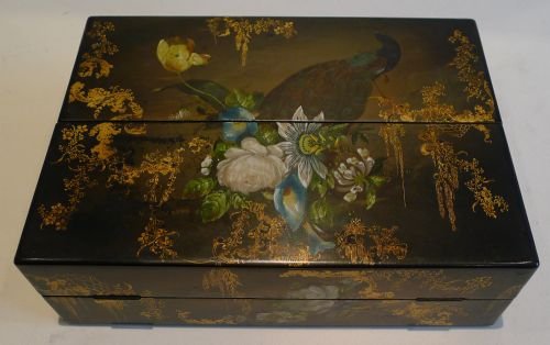 Antique English Painted Papier Mache Desk Stationery Box / Inkstand C.1870