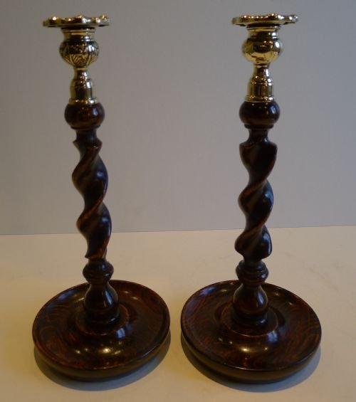 Handsome Pair 12 1/2" Solid Oak Barley Twist Candlesticks - Brass Thistle Tops
