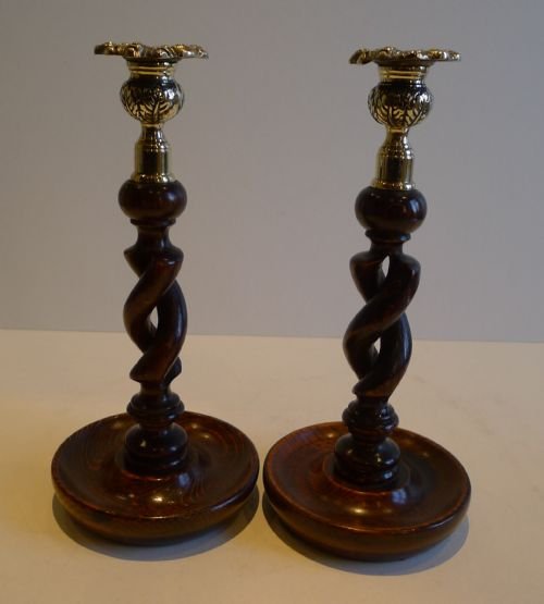 Pair Antique English 10" Oak Open Barley Twist Candlesticks - Brass Thistle Tops