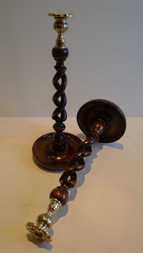 Towering Pair 14" Solid Oak Open Barley Twist Candlesticks - Brass Thistle Tops
