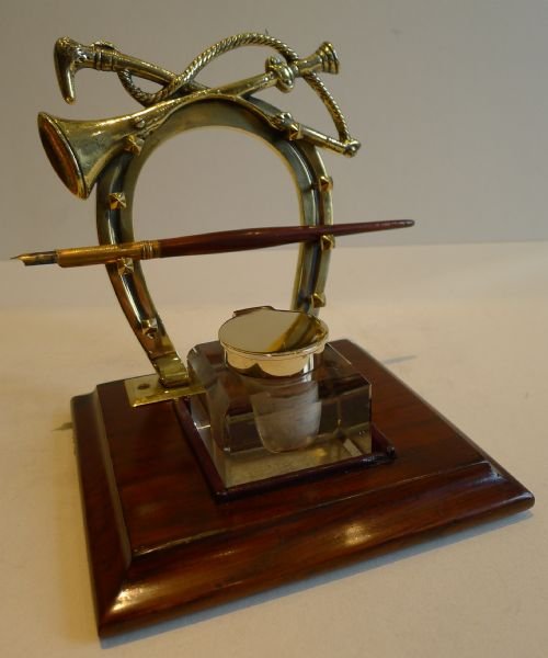 Handsome Antique English Equestrian Inkwell / Inkstand C.1900