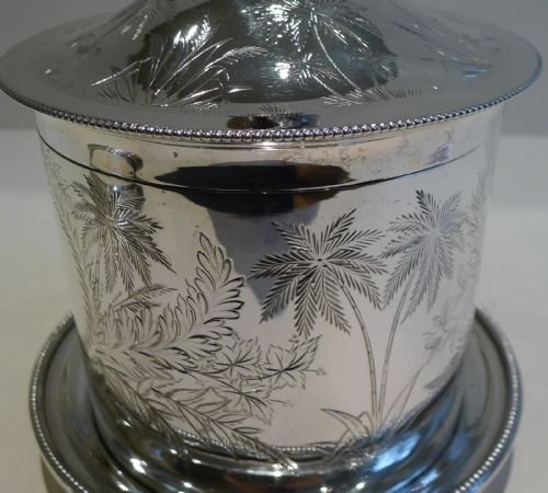 fig 1. Antique English Silver Plate Biscuit / Cookie Box c.1880 - Rare Tropical Design