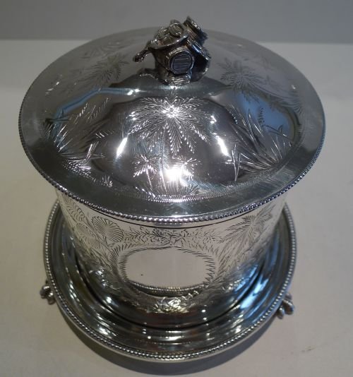fig 2. Antique English Silver Plate Biscuit / Cookie Box c.1880 - Rare Tropical Design