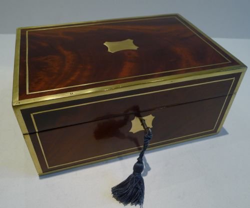 Handsome Antique English Brass Bound Mahogany Jewellery / Table Box C.1840