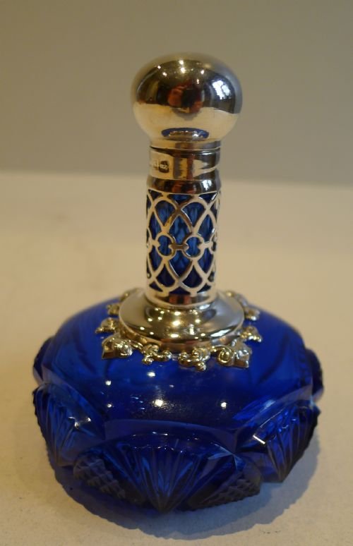 Antique English Cut Bristol Blue Glass Perfume Bottle - Sterling Silver Mounts - 1899
