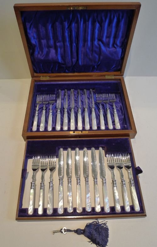 Boxed Set Twelve Victorian Fruit Knives & Forks - Mother of Pearl Handles