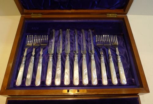 fig 1. Boxed Set Twelve Victorian Fruit Knives & Forks - Mother of Pearl Handles