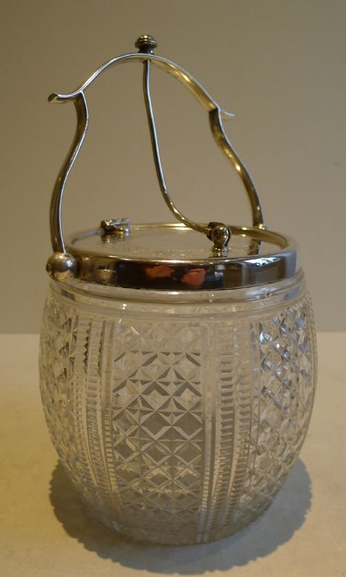 Antique English Cut Glass & Silver Plated Biscuit Barrel / Server C.1890