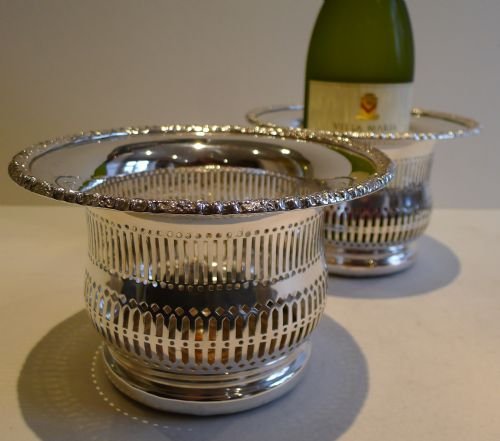 Pair Handsome Deep Pierced Wine / Decanter Coasters C.1890 in Silver Plate