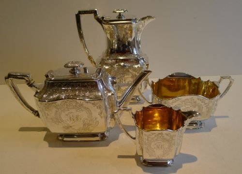 Antique English Engraved Tea & Coffee Set by Atkin Brothers - Reg'd. Number for 1888