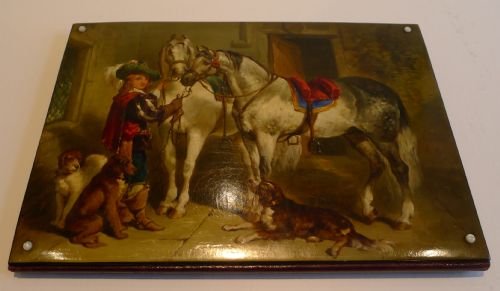Fabulous Antique English Hand Painted Papier Mache Desk Blotter - Horses & Dogs C.1860