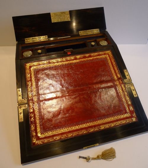 Top Quality Antique Brass Bound Coromandel Lap Desk with Secret Drawers C.1850