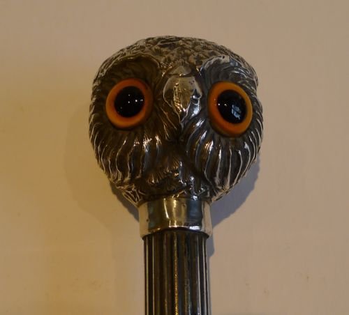 Magnificent Antique English Magnifying Glass - Sterling Silver Owl with Original Glass Eyes