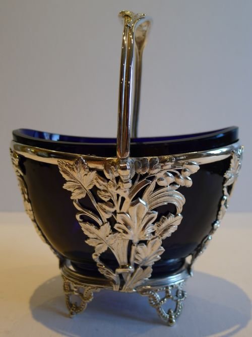 Pretty Antique English Silver Plated Sugar Basket - Bristol Blue Glass Lined C.1880