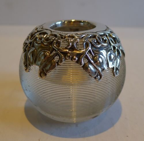 Antique English Threaded Glass Match Striker - Art Nouveau Sterling Silver Mount