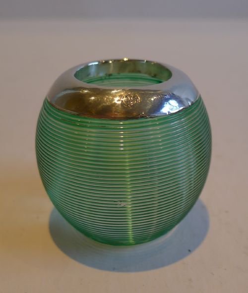 Rare Small Green Coloured Threaded Glass Match Striker - Sterling Silver Mount - 1904