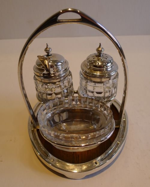 Antique English Equestrian Oak & Silver Plated Cruet Set - Horseshoe, C.1900