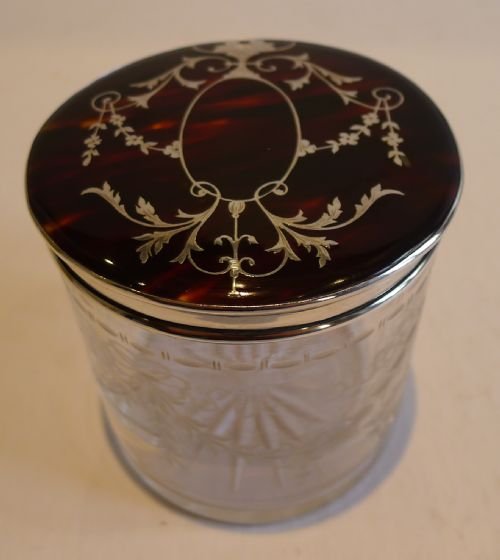 Stunning Antique English Vanity Jar - Tortoiseshell & Sterling Silver Lid - 1910