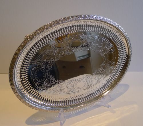 Handsome Antique English Engraved & Pierced Silver Plated Tray C.1880