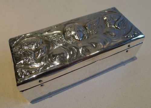 Large Antique English Sterling Silver Postage Stamp Box - Angels / Cherubs