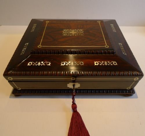 Large Antique English Mother of Pearl Inlaid Rosewood Jewelry or Table Box C.1830
