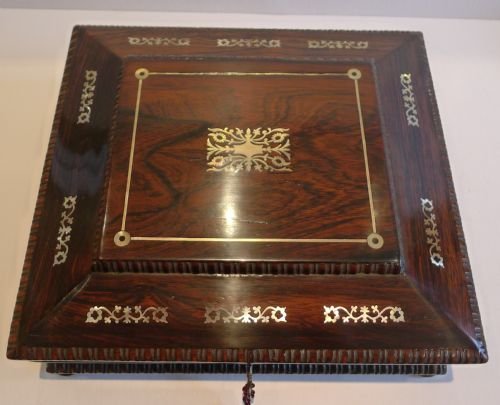 fig 1. Large Antique English Mother of Pearl Inlaid Rosewood Jewelry or Table Box c.1830