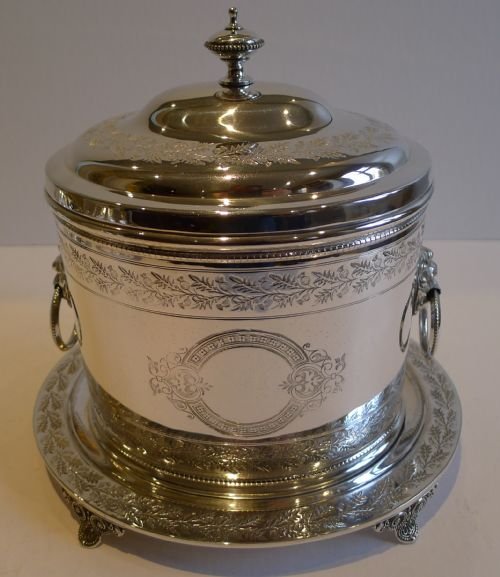Superb Antique English Silver Plated Biscuit Box - Scottish Thistles and English Lion's Heads