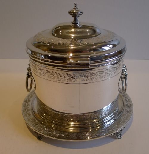 fig 1. Superb Antique English Silver Plated Biscuit Box - Scottish Thistles and English Lion's Heads