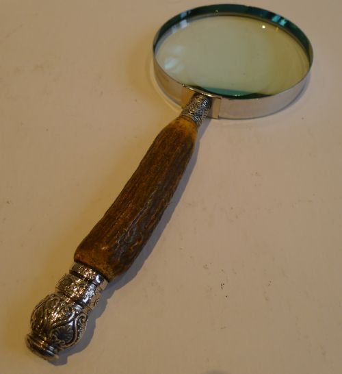 Grand Antique Antler Horn & Sterling Silver Magnifying Glass - 1884