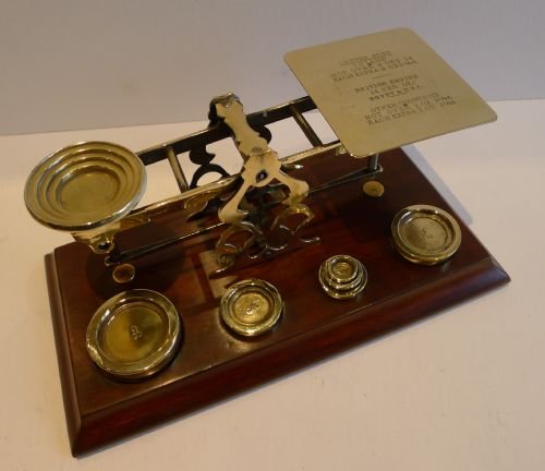 Large Antique English Mahogany & Brass Postal Scale - Sampson Mordan C.1900