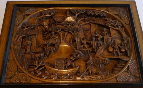 Magnificent Antique Brass Bound Chinese Hand Caved Walnut Box C.1880