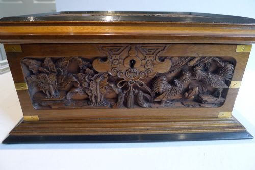 fig 1. Magnificent Antique Brass Bound Chinese Hand Caved Walnut Box c.1880