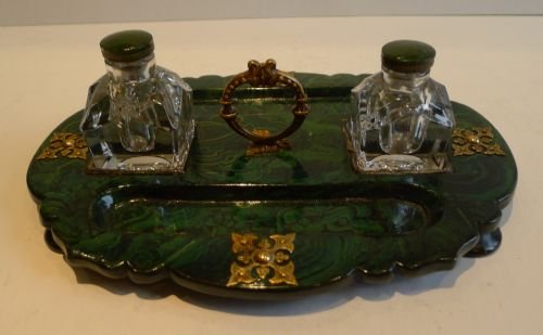 Antique English Papier Mache Inkstand - Painted " Malachite " - C.1860