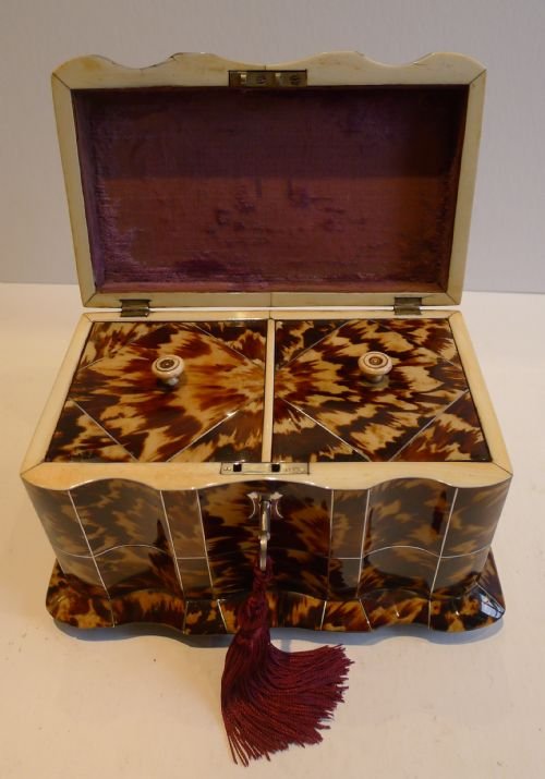 Magnificent Break Front Serpentine Tea Caddy in Tortoiseshell C.1825