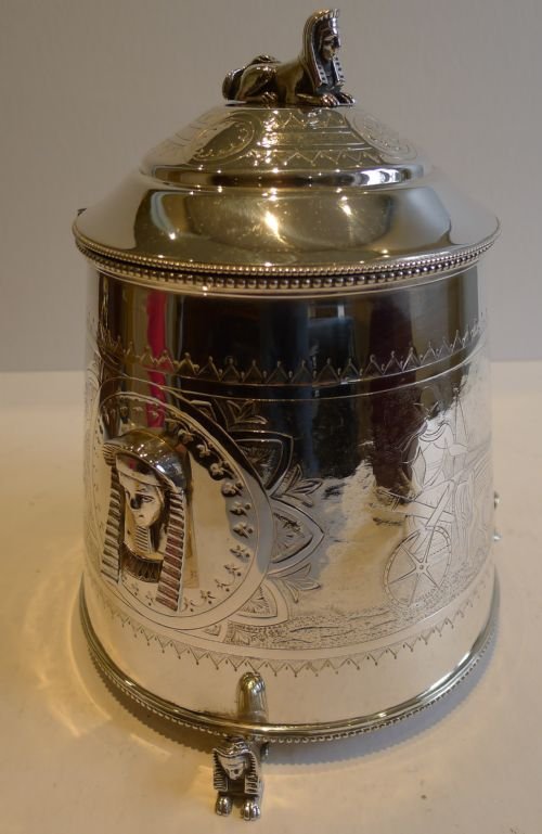 Rare Antique English Silver Plated Biscuit Box - Egyptian Revival by Henry Bourne