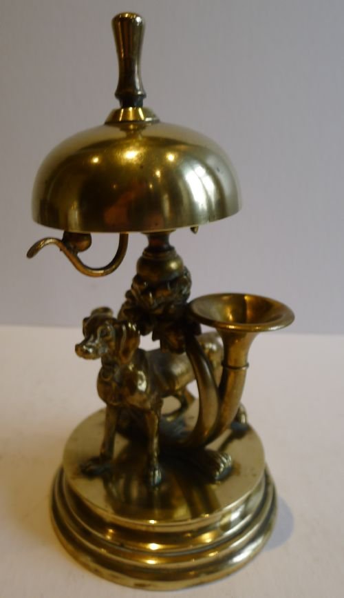 Fabulous Antique English Figural Desk / Counter Bell - Dog & Hunting Bugle C.1880