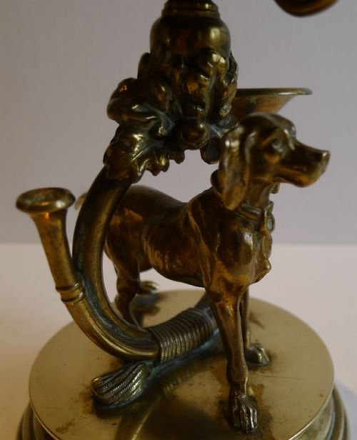 fig 1. Fabulous Antique English Figural Desk / Counter Bell - Dog & Hunting Bugle c.1880