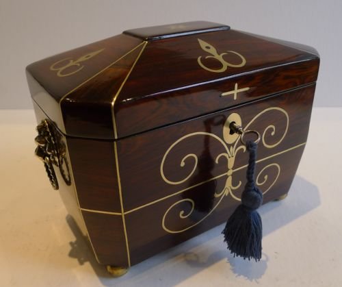 Superb English Regency Tea Caddy - Brass Inlaid Rosewood C.1820