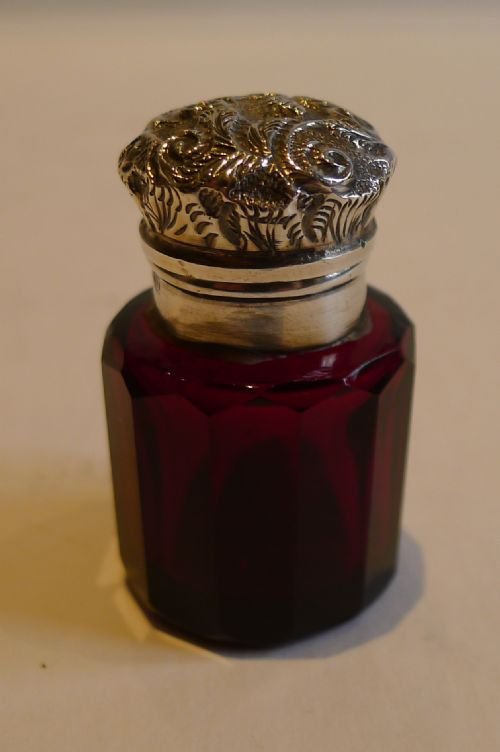 Charming Tiny Ruby Red / Cranberry Glass & English Sterling Silver Perfume Bottle